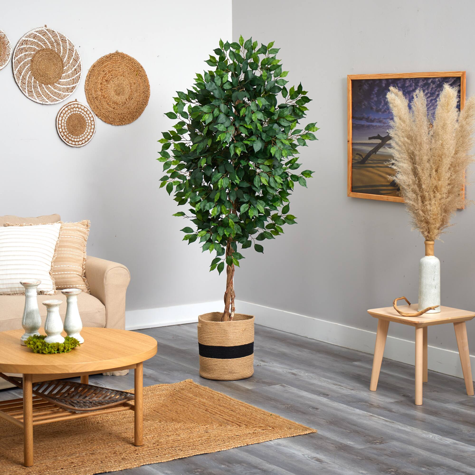 6ft. Ficus Artificial Tree with Natural Trunk in Handmade Natural Cotton Planter